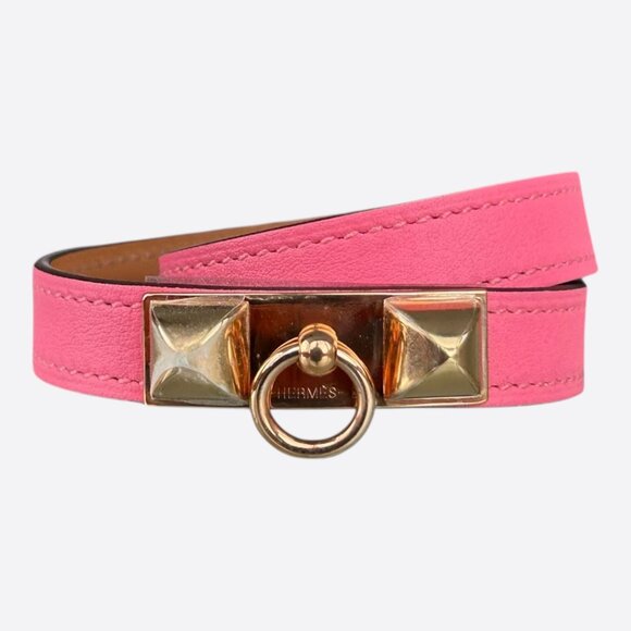 Hermes Pink Swift & Gold Hardware Rivale Double Tour Bracelet